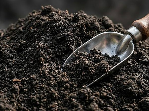 A metal scoop lifting dark compost from a heap